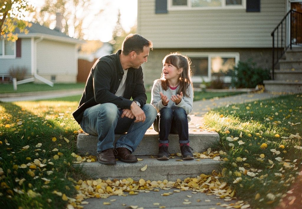 A father listening to his young daughter on the front steps of their home